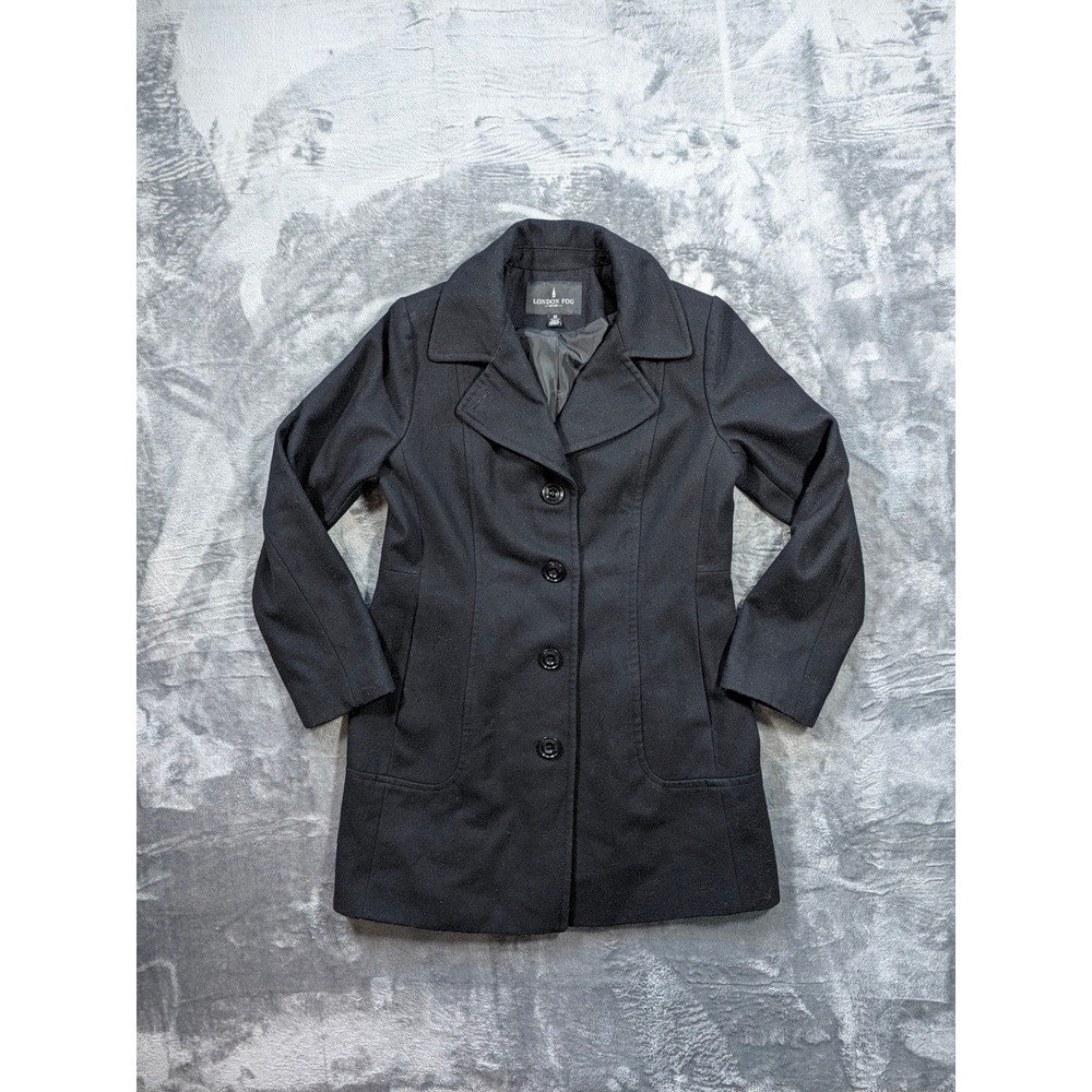 London Fog Womens Black Wool Blend Pea Coat Button Front Mid Length Jacket M